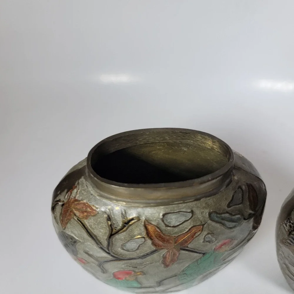 Vintage Brass and Enamel Cloisonné Floral Bud Flat Vase 4.25